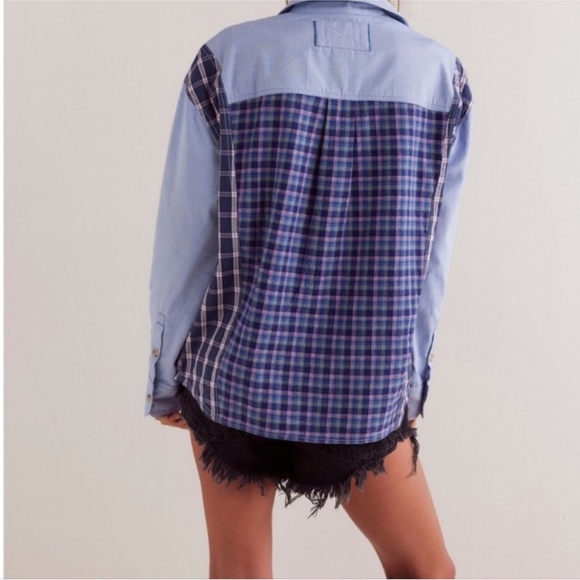 Free People We The Free Argyle Plaid Shirt in Blue Combo - Picture 2 of 7